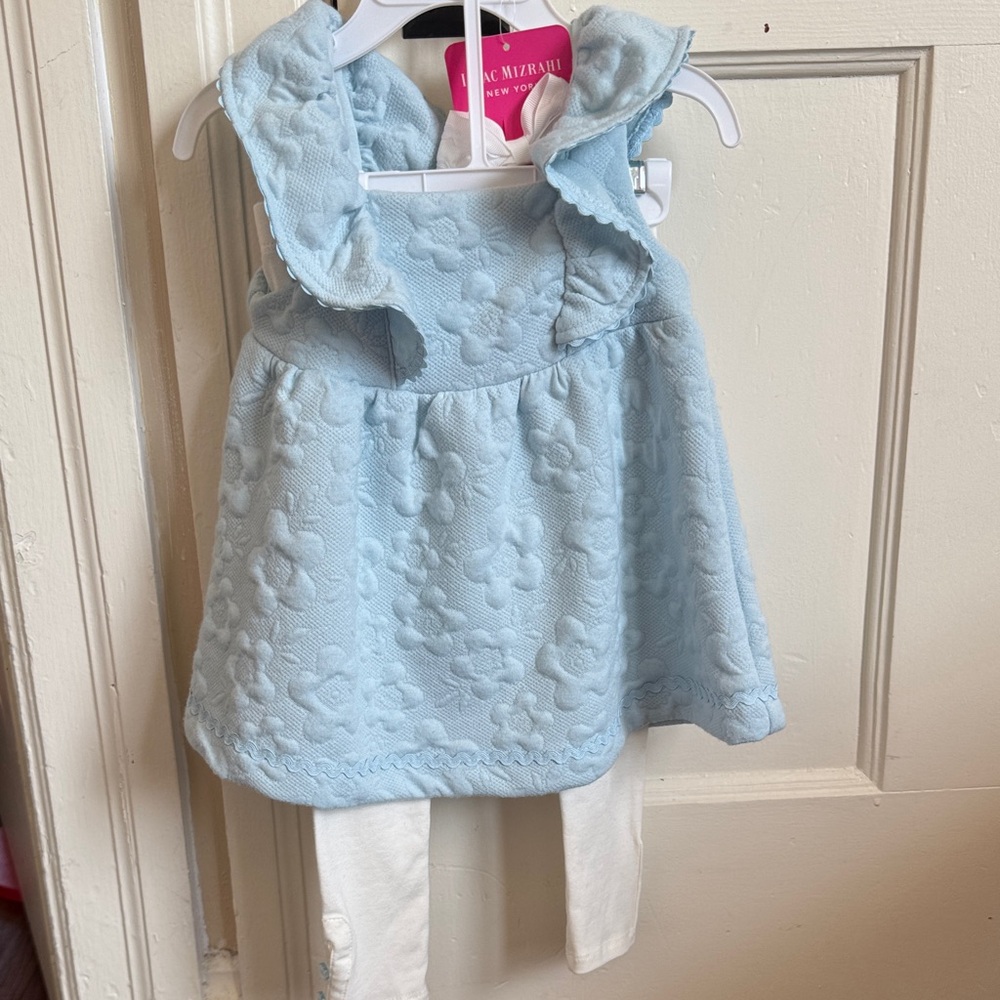 Light Blue Textured Dress with White Leggings